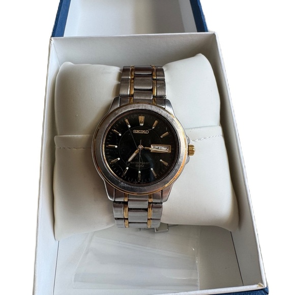 Seiko Silver and Copper Men's Black Face Wristwatch with Box Day And Date